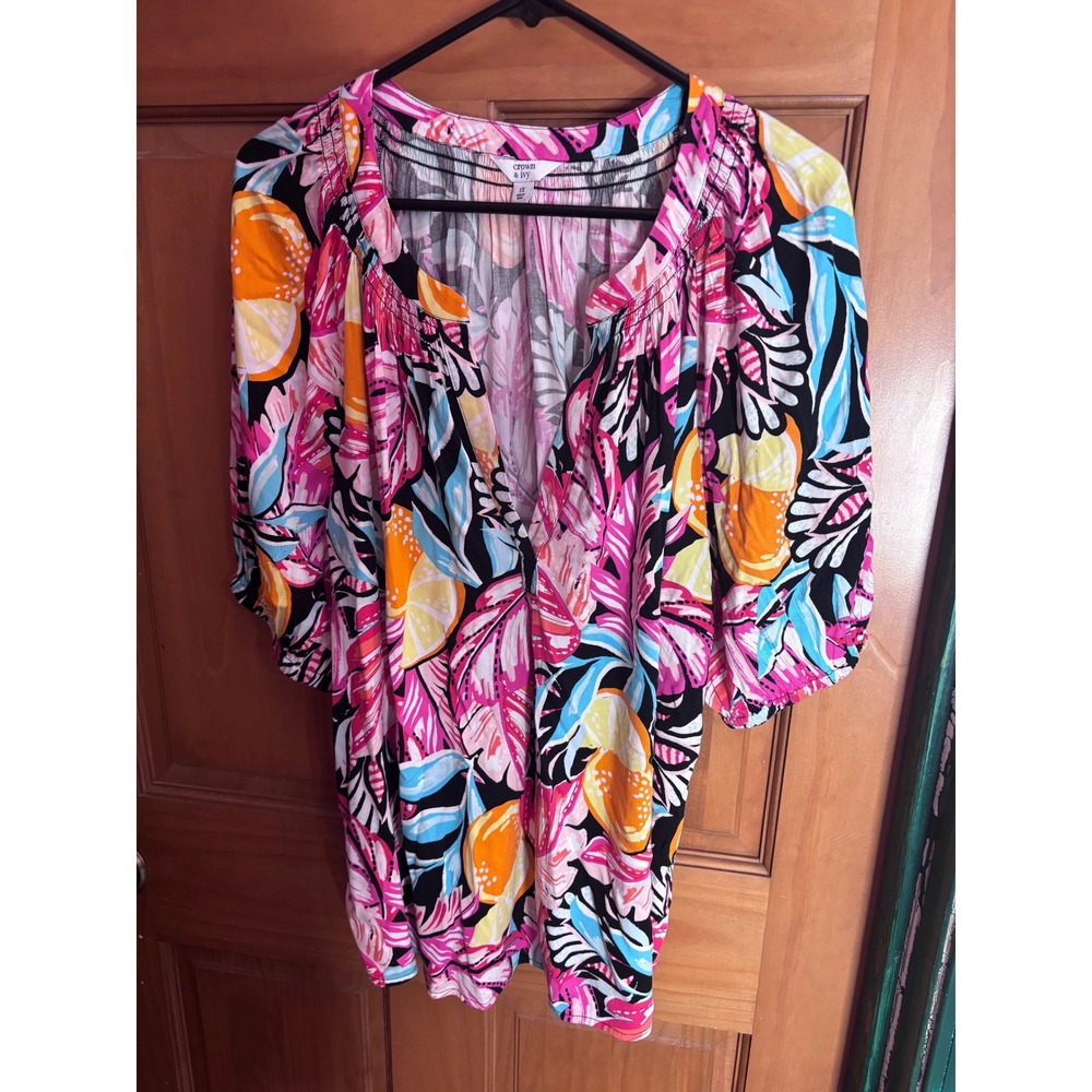 Crown & Ivy Womens 1X Tropical Fruit Floral Smocked Peasant Blouse Pink Orange